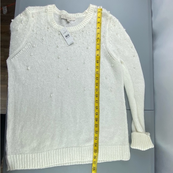 NWT LOFT cream pearl beaded embellished crew neck soft sweater wms sz Lg - Picture 7 of 8